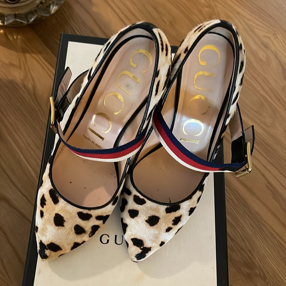 Sylvie Leopard Print Stiletto Heels with Red and Blue Straps - Picture 6 of 8